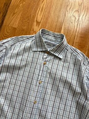Kiton Made in Italy Cotton Blue Grey White Plaid Check Dress Shirt 17 43 34/35